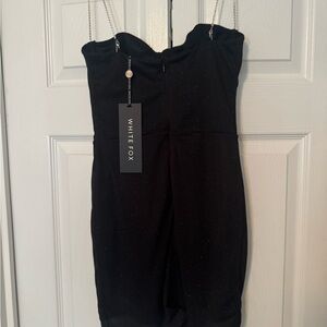 White Fox Black Dress with Rhinestone Straps